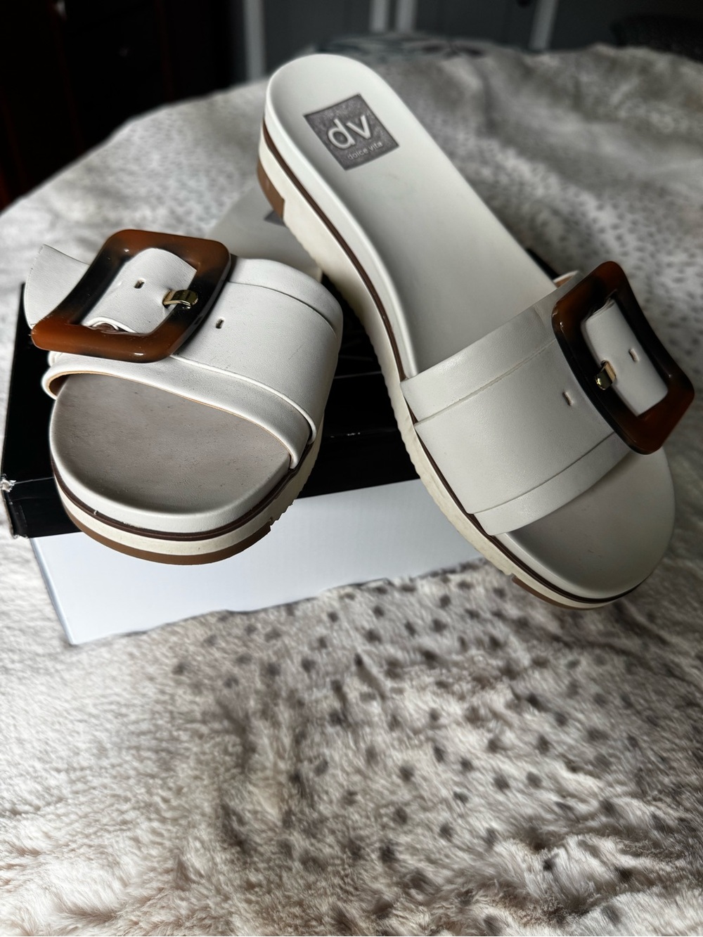 DV by Dolce Vita Ivory Slide Mules with Tortoiseshell Buckle
